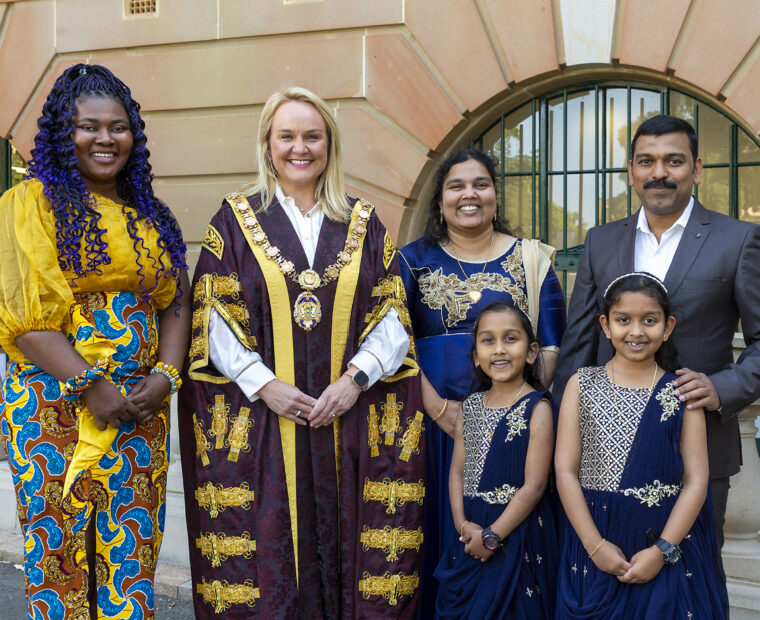 (l-r) New Australian citizen Dr Mary Amponsah, Newcastle Lord Mayor Nuatali Nelms and (clockwise from top left) new citizens Mrs Minimalar Thankamani, Dr Sathish Clastinrusselraj Indirathankam, Shanice Sa(l-r) New Australian citizen Dr Mary Amponsah, Newcastle Lord Mayor Nuatali Nelms and (clockwise from top left) new citizens Mrs Minimalar Thankamani, Dr Sathish Clastinrusselraj Indirathankam, Shanice Sathish and Shawna Sathish.thish and Shawna Sathish.