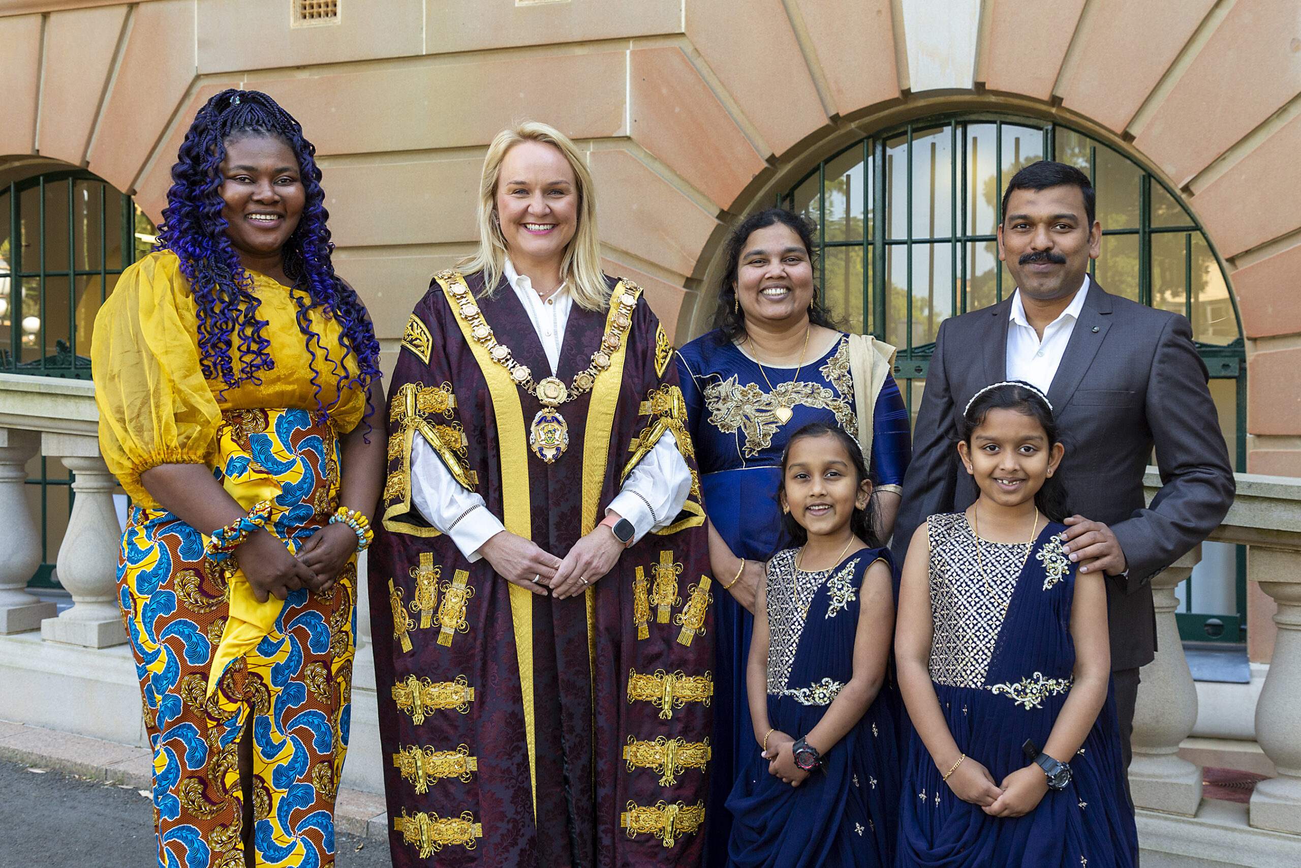 (l-r) New Australian citizen Dr Mary Amponsah, Newcastle Lord Mayor Nuatali Nelms and (clockwise from top left) new citizens Mrs Minimalar Thankamani, Dr Sathish Clastinrusselraj Indirathankam, Shanice Sa(l-r) New Australian citizen Dr Mary Amponsah, Newcastle Lord Mayor Nuatali Nelms and (clockwise from top left) new citizens Mrs Minimalar Thankamani, Dr Sathish Clastinrusselraj Indirathankam, Shanice Sathish and Shawna Sathish.thish and Shawna Sathish.
