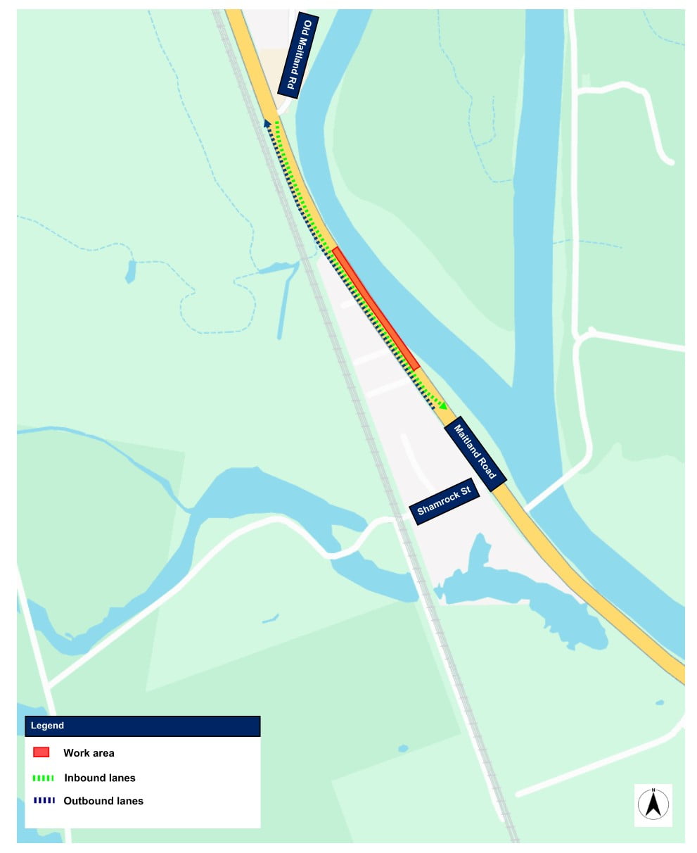 From Tuesday 24 September and Wednesday 25 September contraflow arrangements will be in place for inbound and outbound traffic on Maitland Road between Old Maitland Road, Hexham and Shamrock Street, Hexham. 