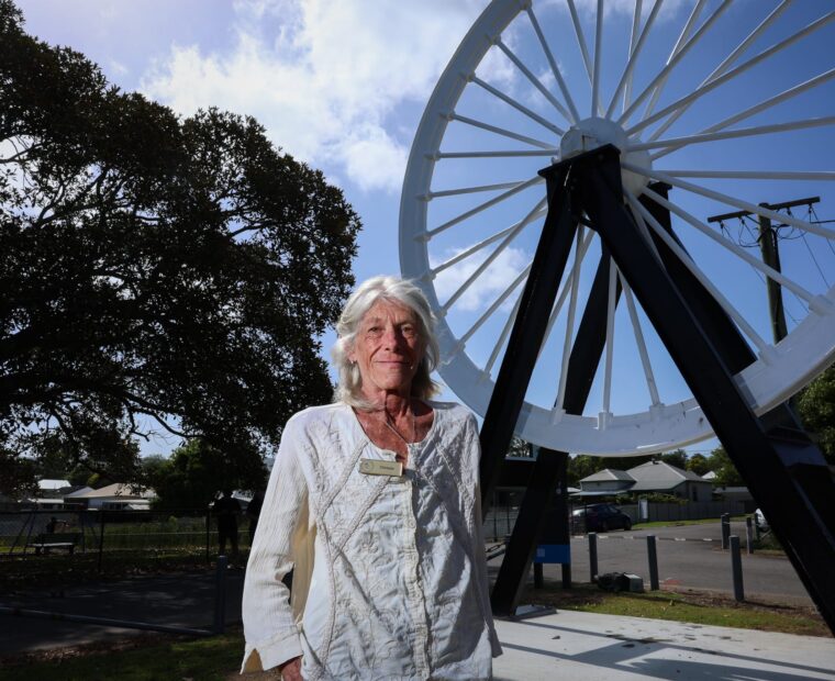 Chrissie Buchanan with the heritage wheel at West Wallsend